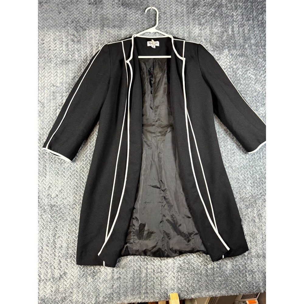 Nicolette Cardigan Topper Jacket Womens 8 Black Stretch Contrast Trim Open Front